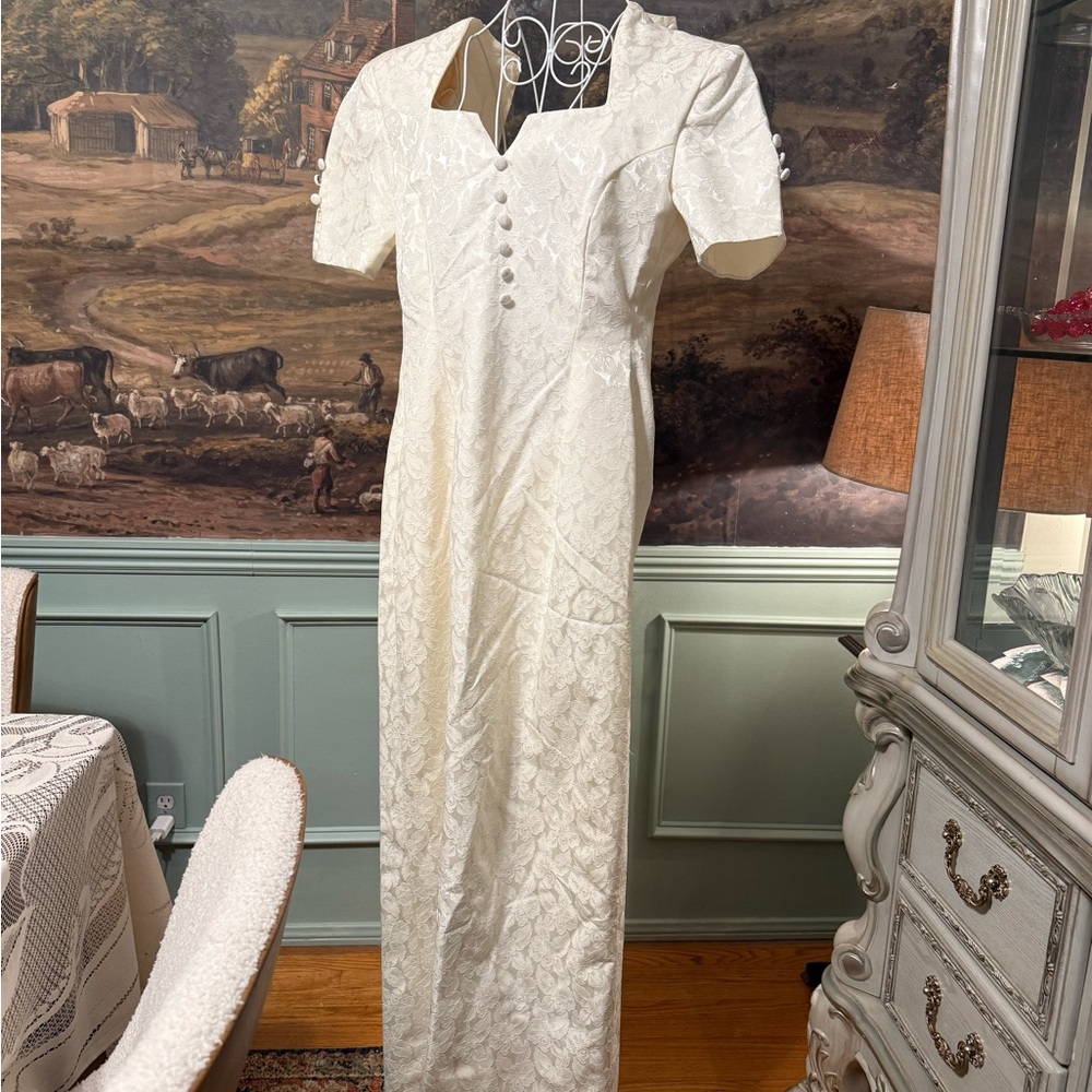 (XXS) Rare Custom 1950s 1960s Elegant Jacquard White Wedding Dress